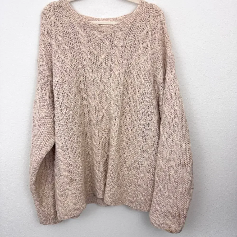 J Crew Men VTG Oarsman 100% Wool Fisherman Sweater Size L Chunky Neutral Oatmeal